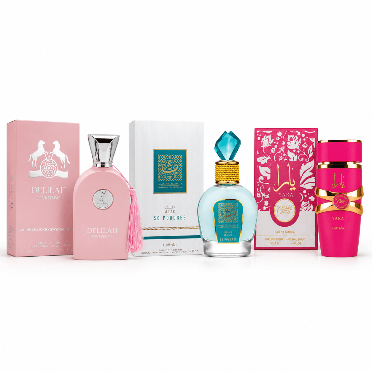 Oud Set for Her | Delilah Pour Femme, Thameen Musk So Poudree & Yara Candy