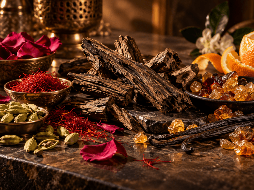 Agarwood chips, saffron, rose petals and spices used to illustrate oud fragrance notes.